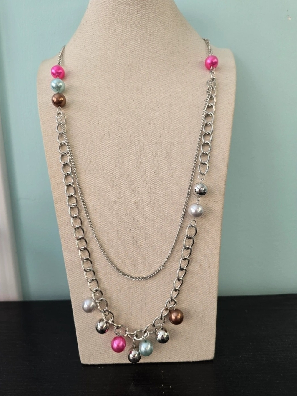 Silver Multi-Strand Necklace with Pink, Aqua And Brown Beads